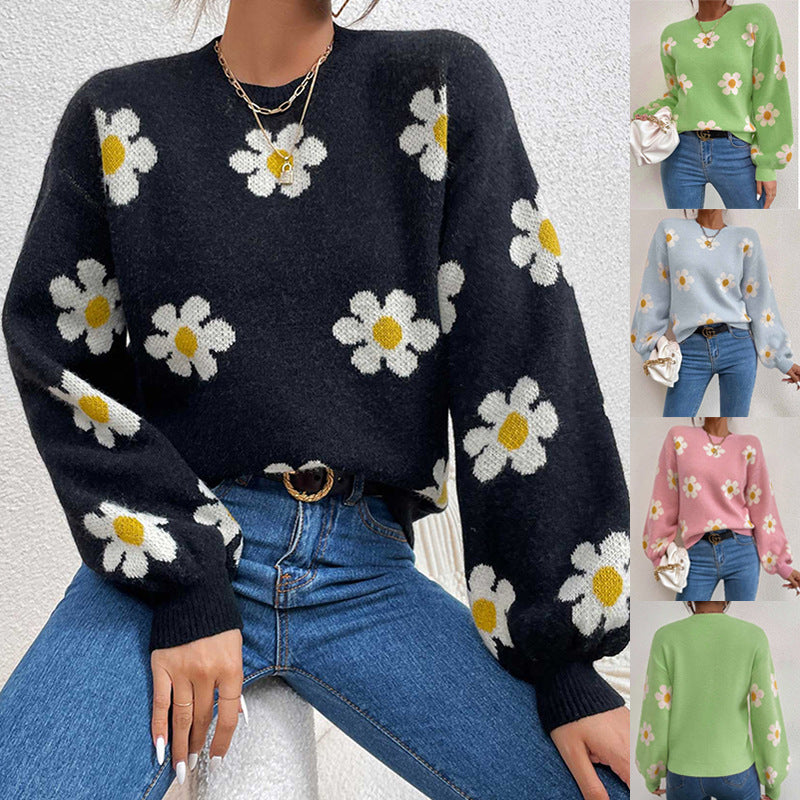 Damen Pullover mit floralem Muster und voluminösen Ärmeln Drune
