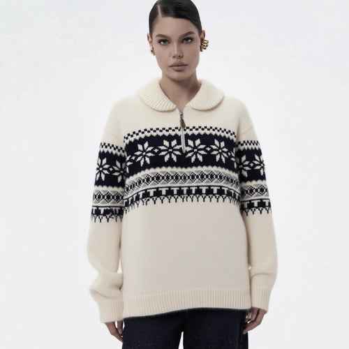 Damen gestrickter Pullover mit Halskragen und Modischem Norweger-Muster Drune