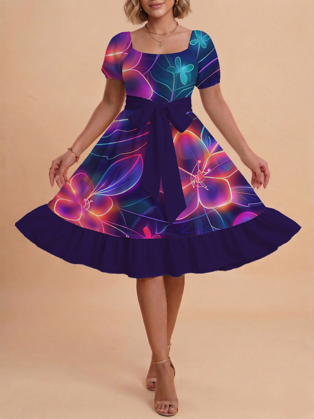 Damen Sommerkleid mit floralem Puffärmel und taillierbarem Gürtel Drune