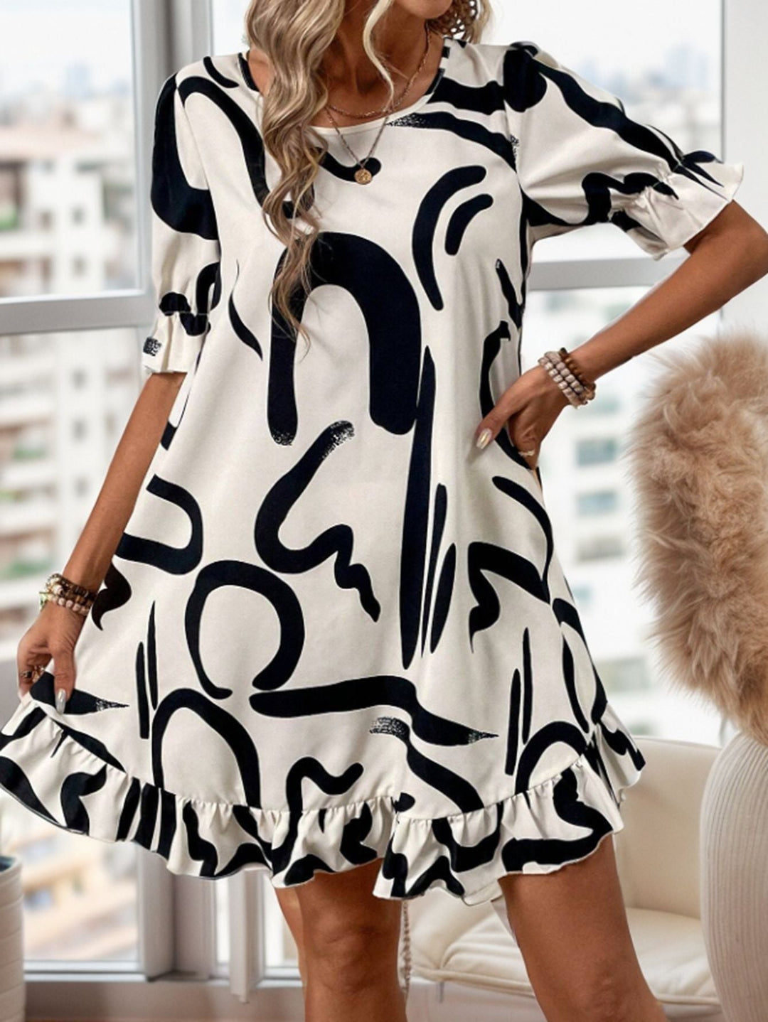 Drune | Bedrucktes Rundhals Kurzarm Midi Kleid