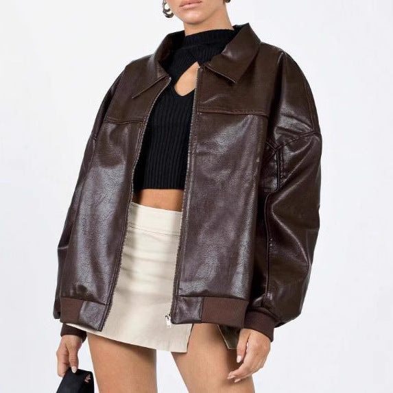 Damen Kunstleder Jacke im modernen Oversized-Stil Drune