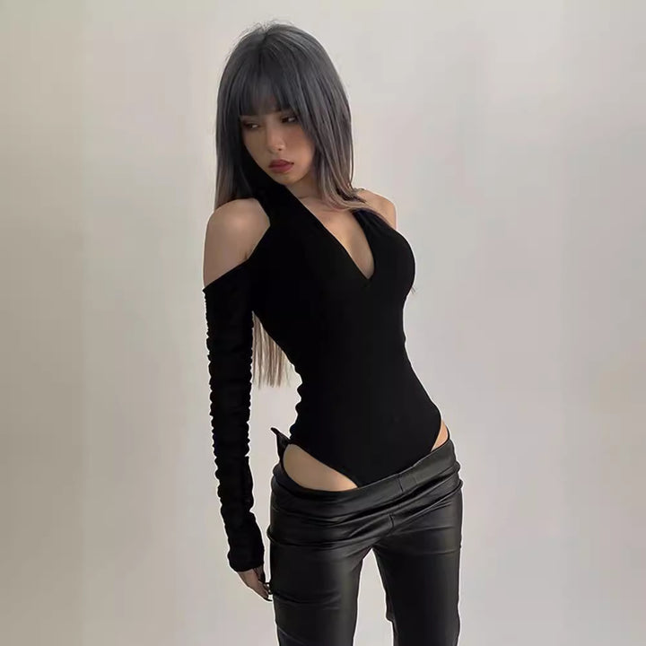 Damen Körperbetonter Langarm-Bodysuit mit tiefem V-Ausschnitt und raffinierten Rüschendetails Drune