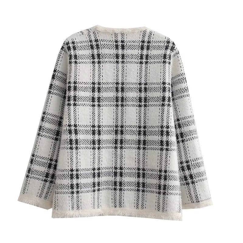 Damen modische Langenjacke mit Karomuster und eleganten Knopfdetails Drune