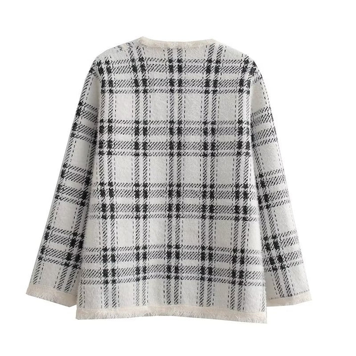 Damen modische Langenjacke mit Karomuster und eleganten Knopfdetails Drune