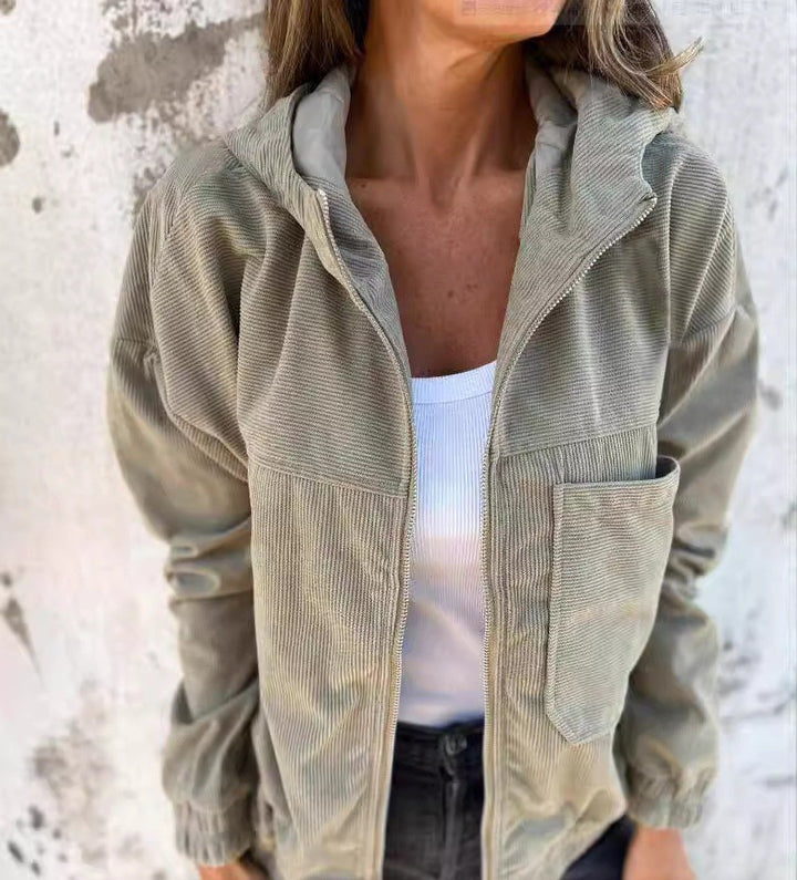 Damen lässige Cordjacke mit praktischen Taschen und elegantem Reißverschluss Drune