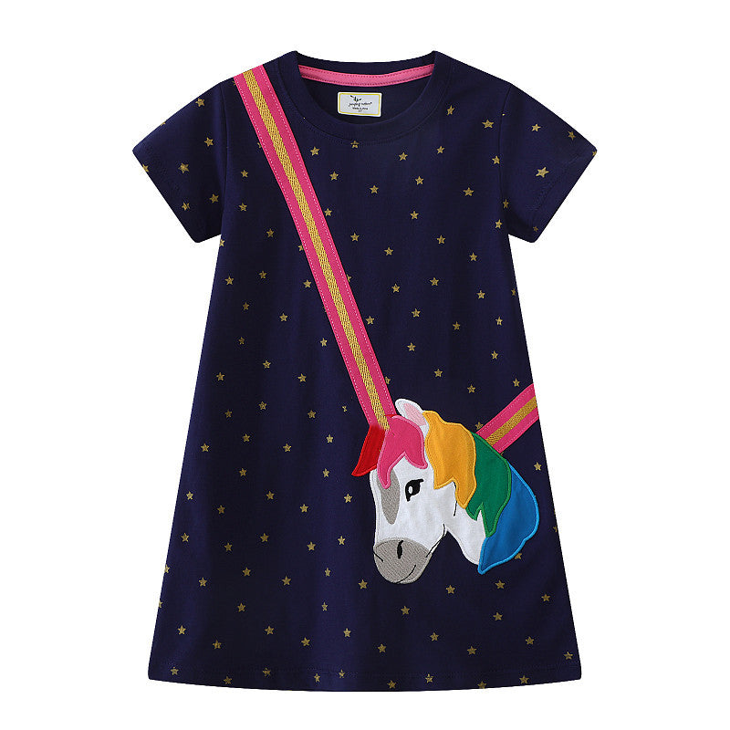 Mädchen Kurzarm Kleid mit bezauberndem Einhorn-Motiv Drune
