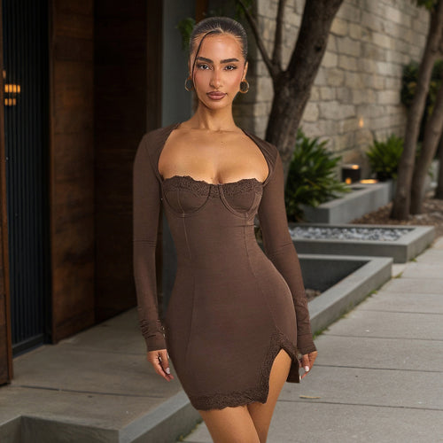 Damen nan figurbetontes Langarm-Minikleid mit Korsettoptik, geformten Cups und Spitzendetail Drune