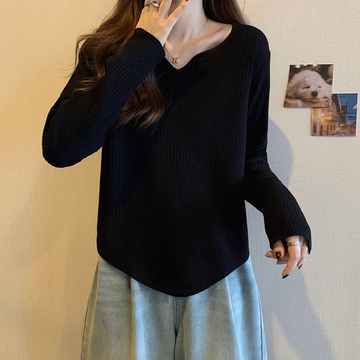 Damen lässiges Langarmshirt mit feiner Rippstruktur Drune