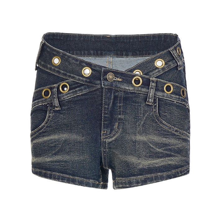 Damen Flared Jeans mit dekorativen Knopfdetails und modischemused Finish Drune