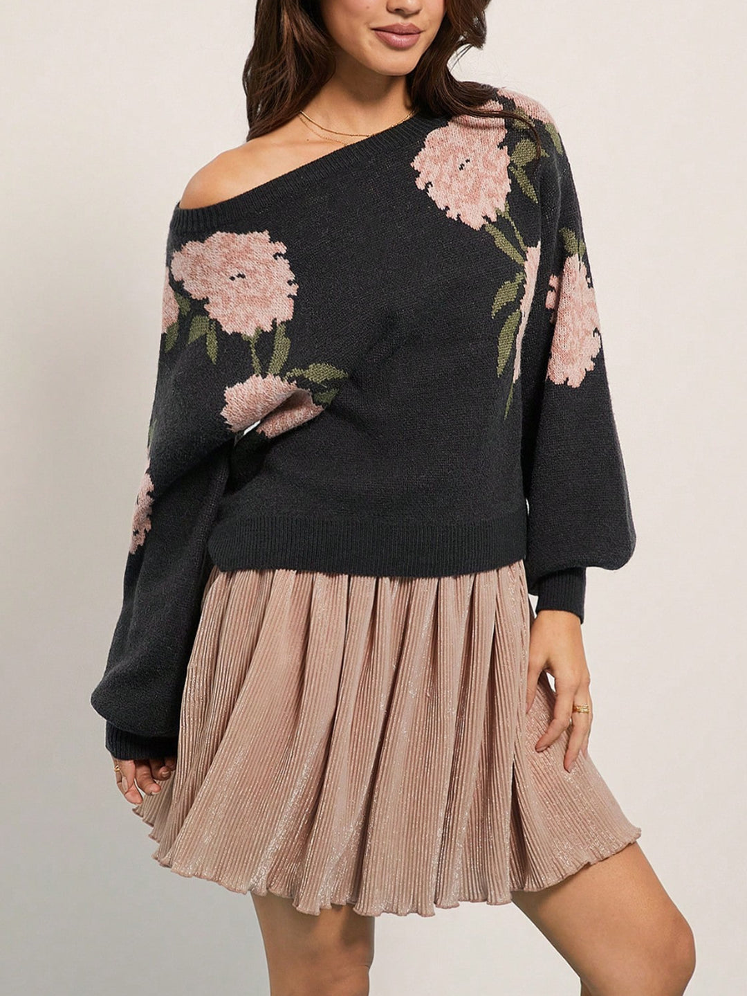 Damen Grobstrickpullover mit floralem Design und asymmetrischem Schnitt Drune