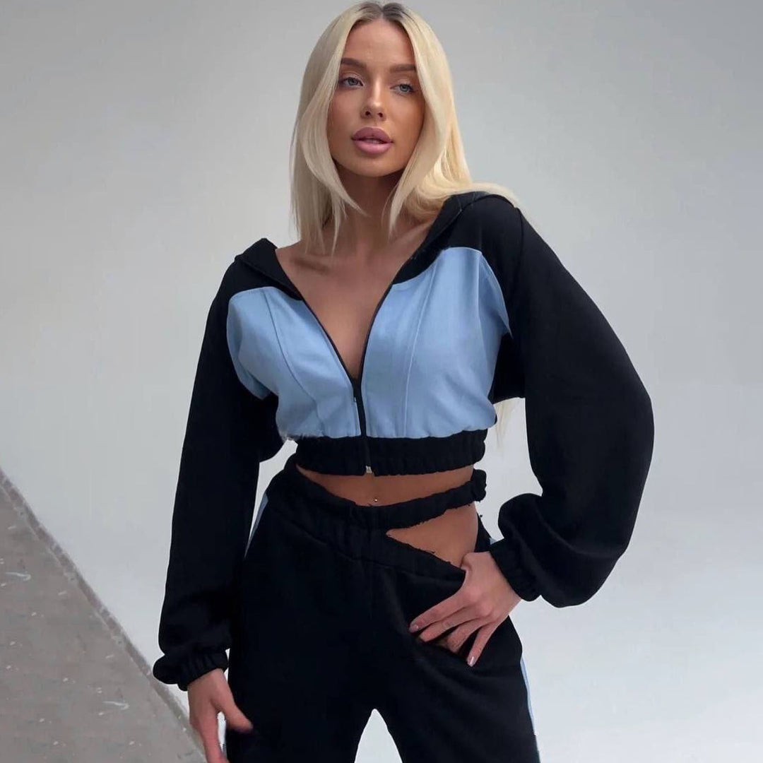 Damen cropped Kapuzenjacke mit innovativem Reißverschluss und elastischem Bund Drune