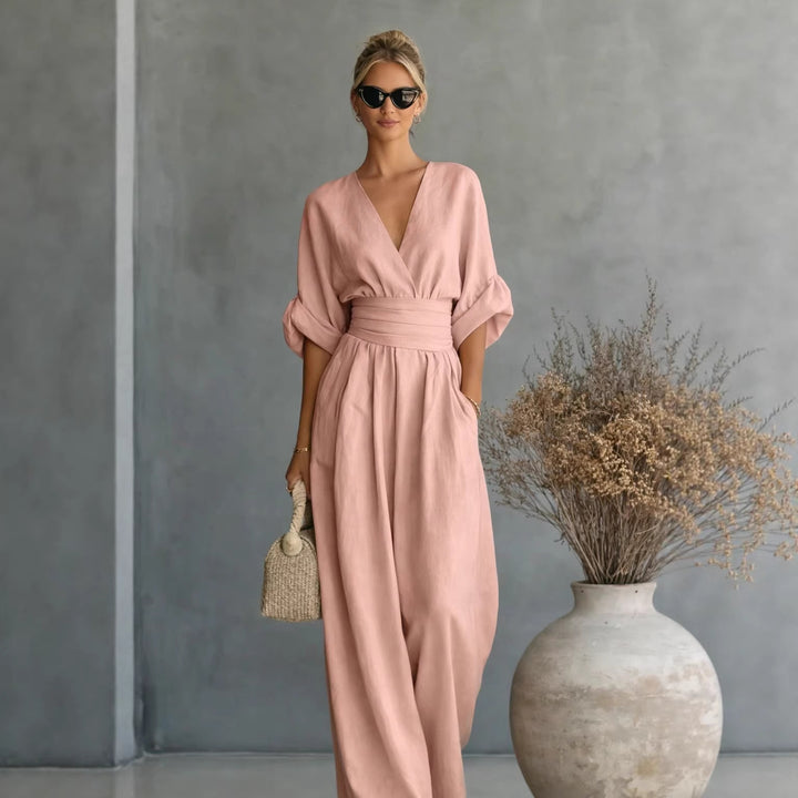 Damen Weit geschnittener Jumpsuit mit eleganten Drapierungen und V-Ausschnitt Drune