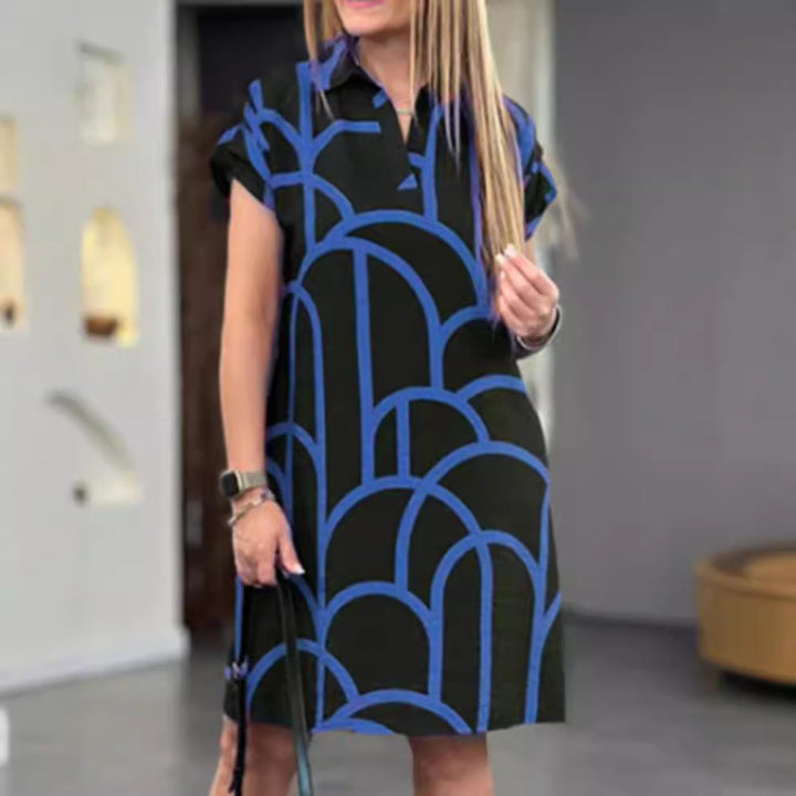 Damen nan legeres Hemdblusenkleid mit V-Ausschnitt, kurzen Umschlagärmeln und grafischem Alloverprint Drune
