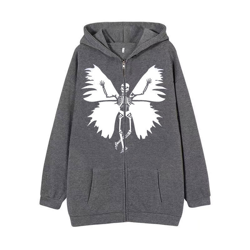 Damen Zip-Hoodie mit einzigartigem Skelett- und Schmetterlingsmotiv Drune