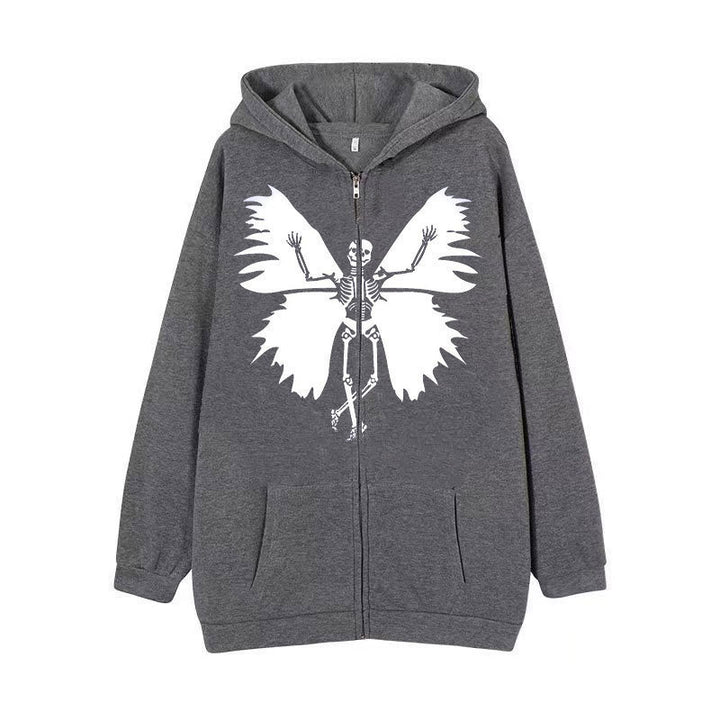 Damen Zip-Hoodie mit einzigartigem Skelett- und Schmetterlingsmotiv Drune
