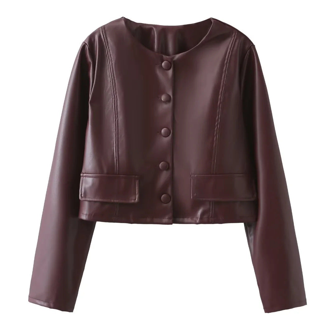 Damen Kunstleder Jacke mit Knopfdetails und eleganten Taschen Drune