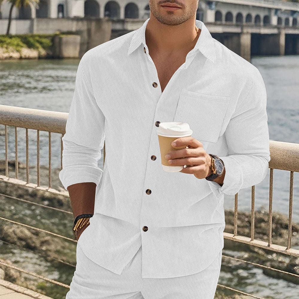 Herren gestreiftes Langarmshirt mit modischem Stehkragen und praktischer Brusttasche Drune