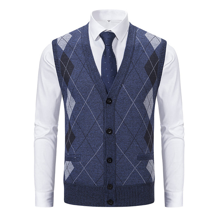 Herren nan ärmellose Strickweste mit Argyle-Muster, Teddyfutter und durchgehender Knopfleiste Drune
