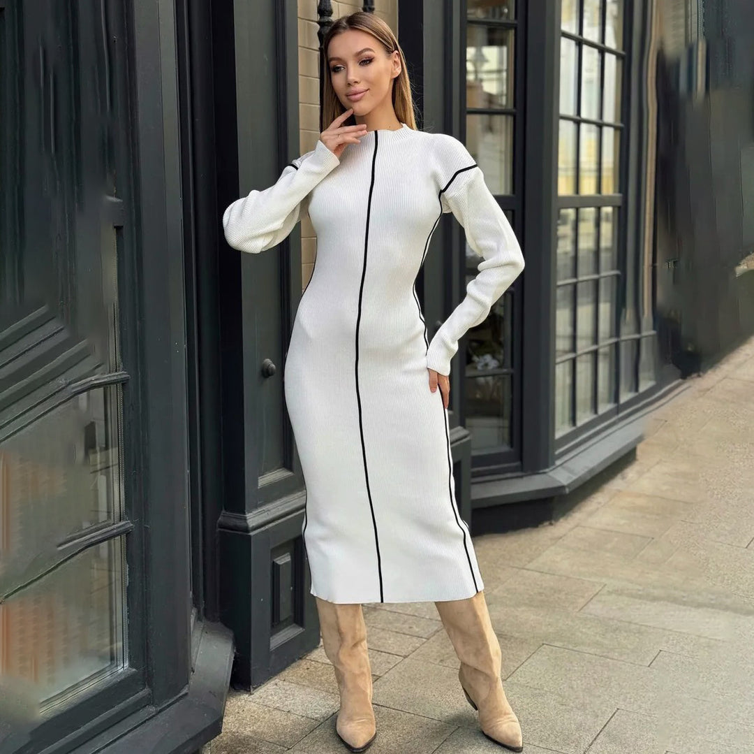 Damen elegantes Strickkleid mit raffinierten Kontrastnähten und figurbetontem Schnitt Drune