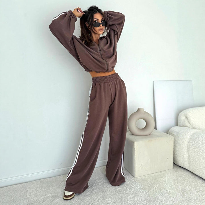 Damen sportliches Oversized Hoodie-Set mit Reißverschluss und breiten Hosen Drune