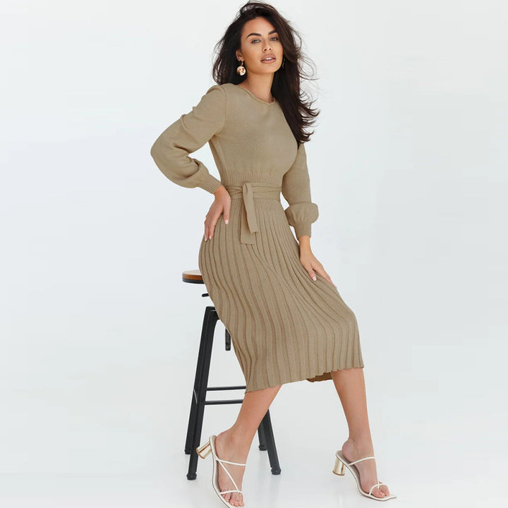 Damen Strickkleid mit taillierbarem Gürtel und langen Ärmeln Drune