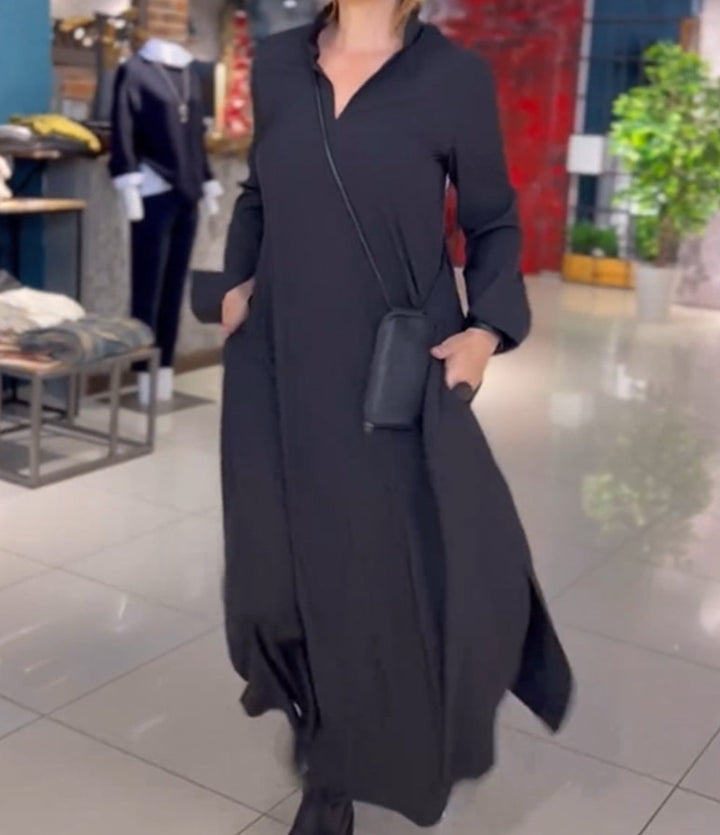 Damen Maxikleid mit elegantem Kragen und praktischem Taschendesign Drune
