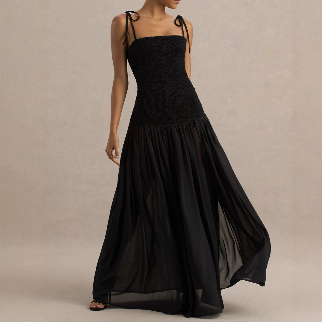 Damen Maxikleid mit einem eleganten, gerafften Oberteil und schwingendem Rock Drune