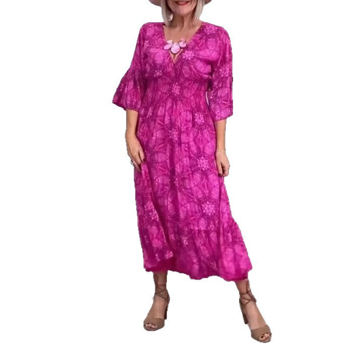 Damen nan fließendes Kaftan-Midikleid mit V-Ausschnitt, lockerer Silhouette, Stufenrock und dreiviertel-Ärmeln Drune