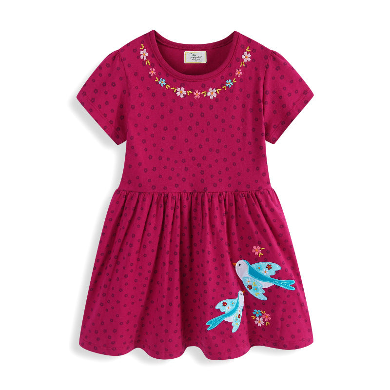 Mädchen Baumwollkleid mit süßen Vogel- und Blumenstickereien Drune