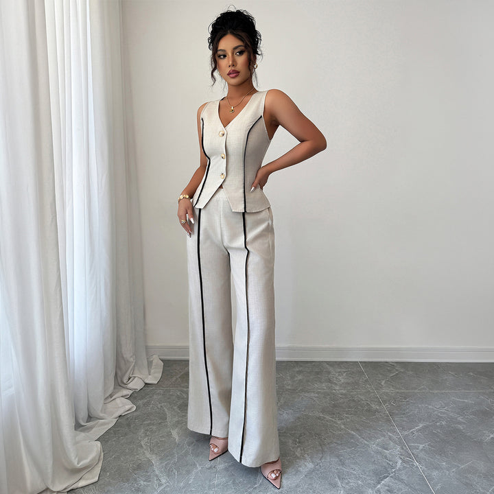 Damen elegante Hose-Anzug mit tailliertem Oberteil und Knopfdetails Drune