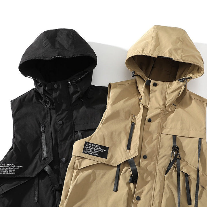 Herren funktionale Outdoor-Weste mit verstellbarem Kapuzendesign und vielseitigen Taschen Drune
