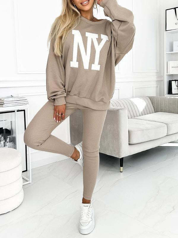Damen lässiger Oversized-Pullover mit floralem Logo und passender Leggings Drune