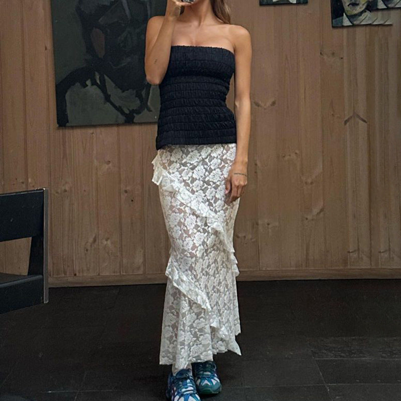 Damen Lange Spitzenrock mit asymmetrischem Rüschenverlauf und eleganter Blumenspitze Drune