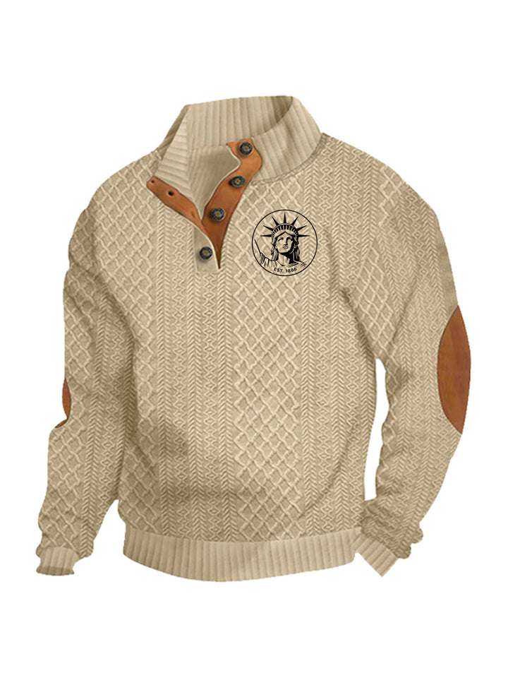 Herren nan Heritage-Strukturpullover mit Stehkragen Lederimitat-Besatz Ellenbogen-Patches und Halbknopfleiste Drune
