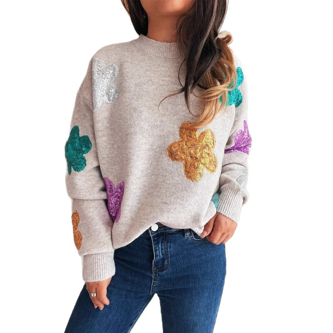 Damen Strickpullover mit bunten Funkelblumen Drune