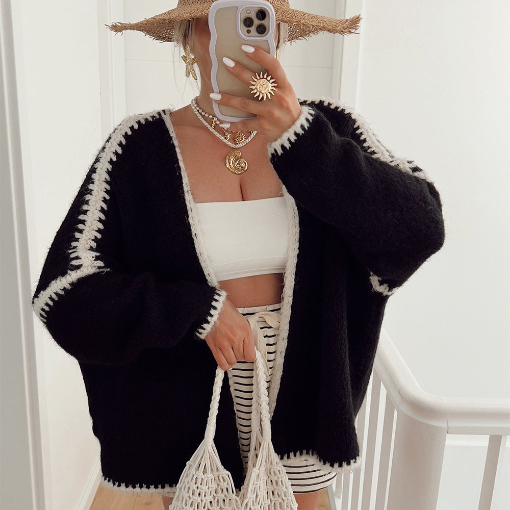 Damen lässiger Strickcardigan mit attraktiven Kontrastdetails Drune