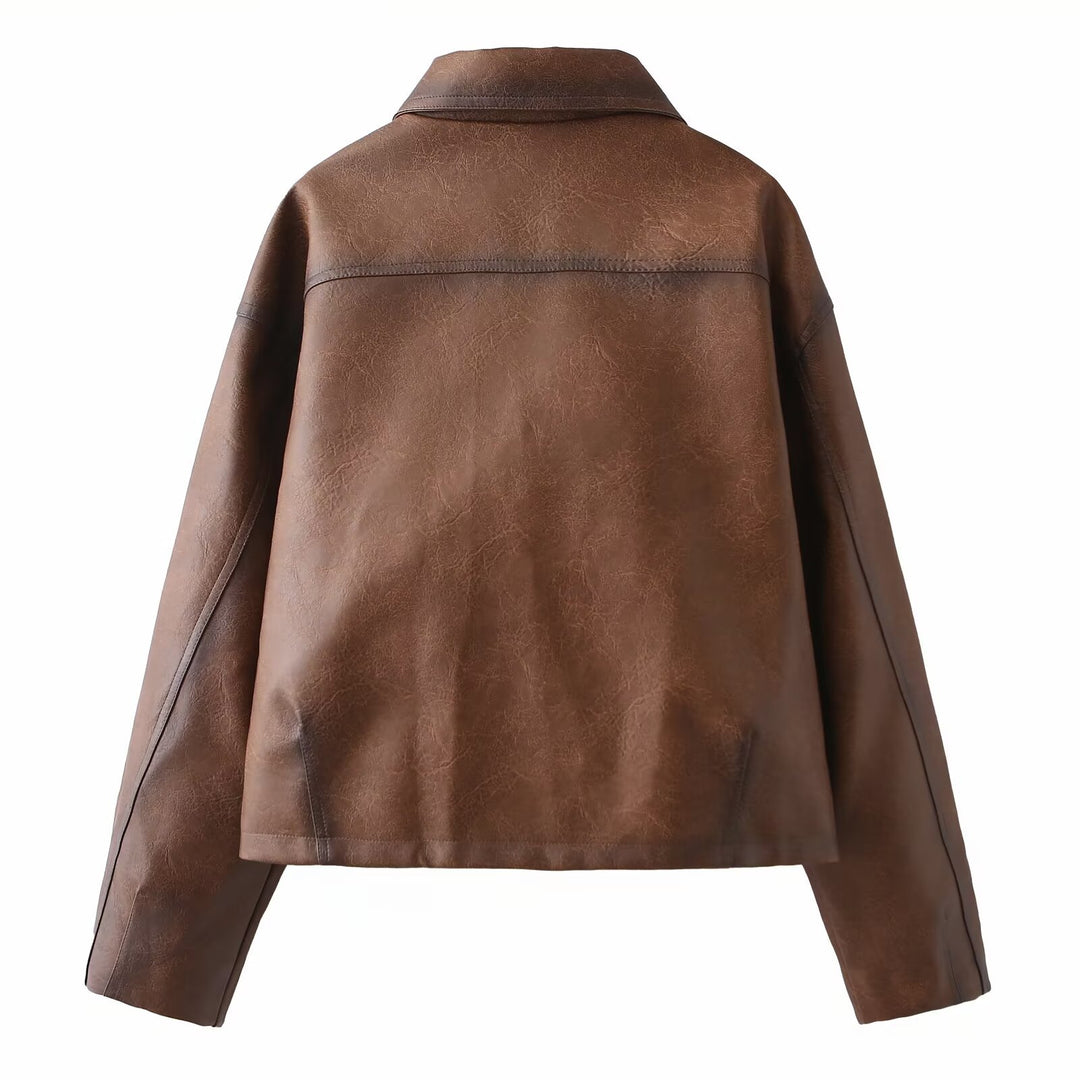 Damen Kunstlederjacke im modernen Cropped-Design mit praktischen Taschen Drune