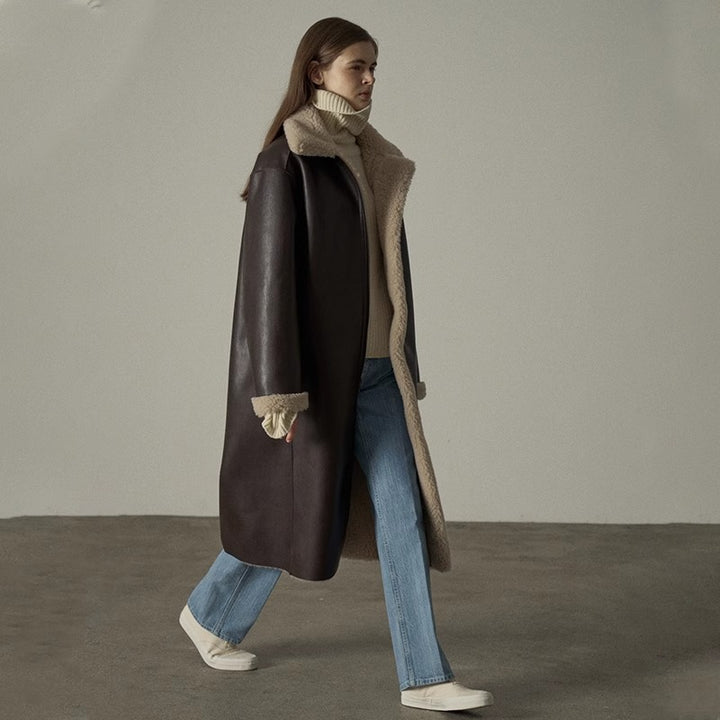 Damen elegante Lederjacke mit Teddyfutter Drune