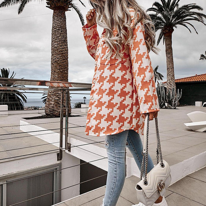 Damen Oversized Jacke im modernen Hahnentrittmuster mit praktischen Taschen Drune