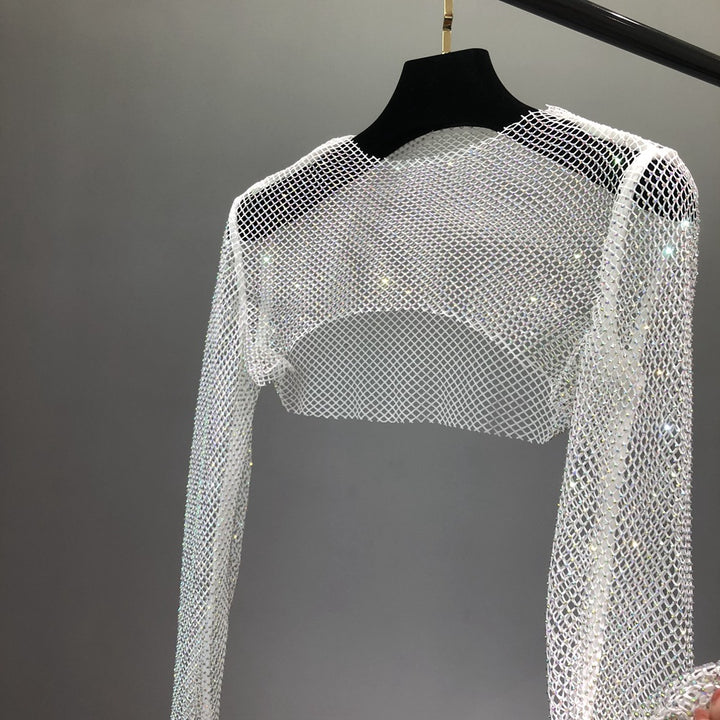 Damen Netzoberteil mit funkelndem Design und elastischen Ärmeln Drune