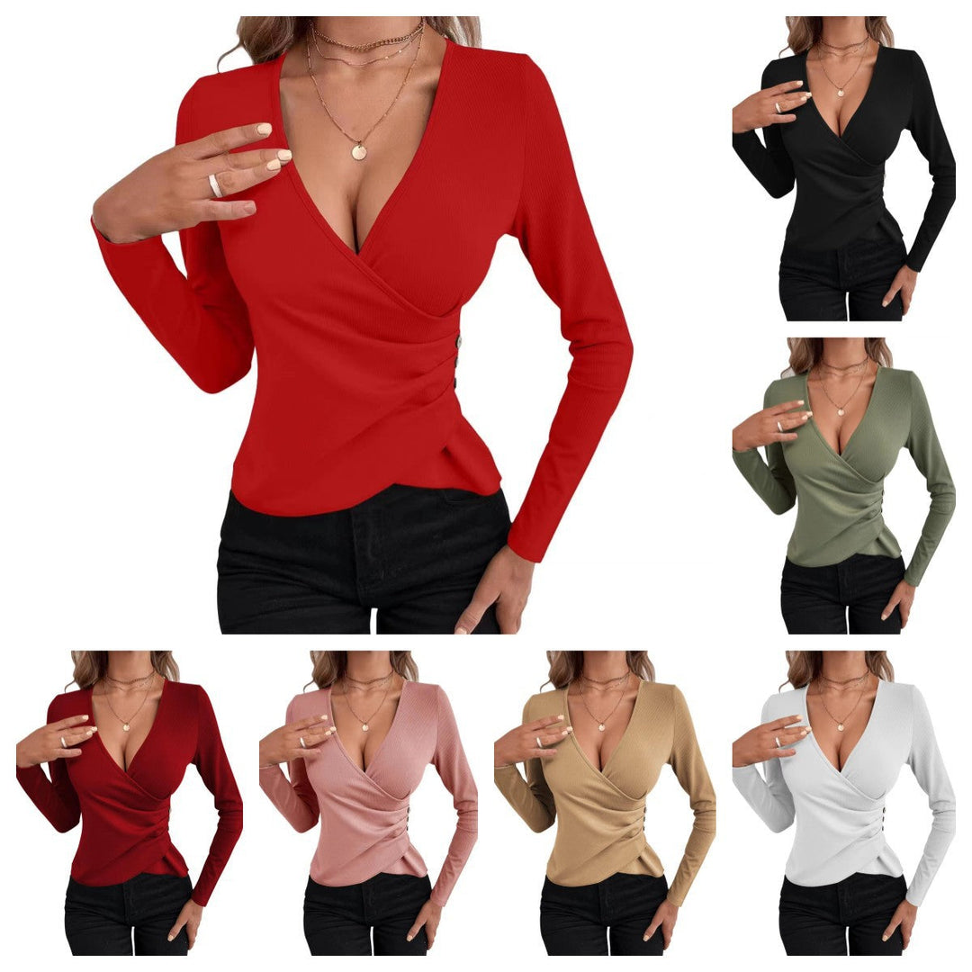 Damen Elegantes Wickeloberteil mit Knopfdetail Drune