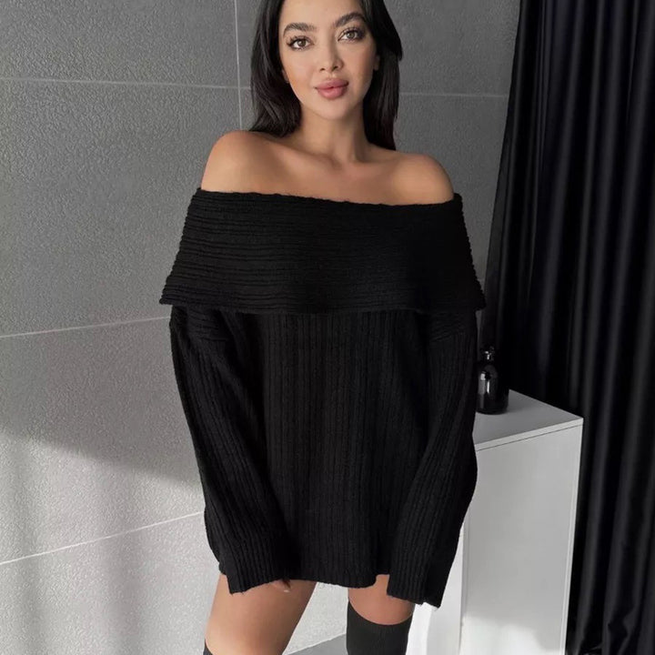 Damen Off-Shoulder Strickpullover mit Rippstruktur und weit geschnittenen Ärmeln Drune