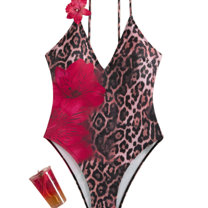 Damen Einteiliger Badeanzug mit animalischem Design und floralen Akzenten Drune