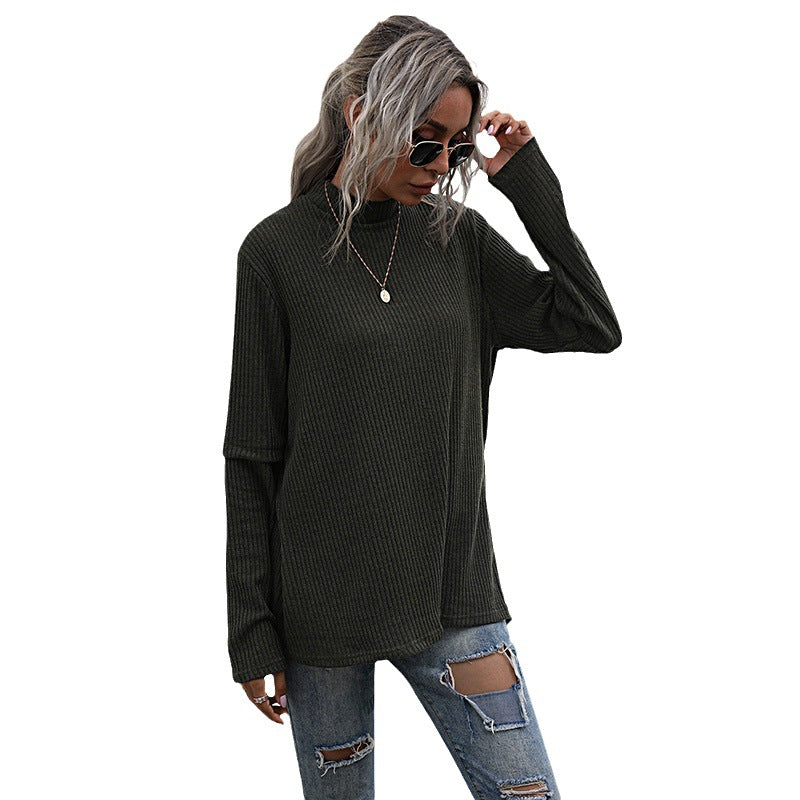 Damen lässiger Pullover mit hohem Kragen und strukturiertem Waffelmuster Drune