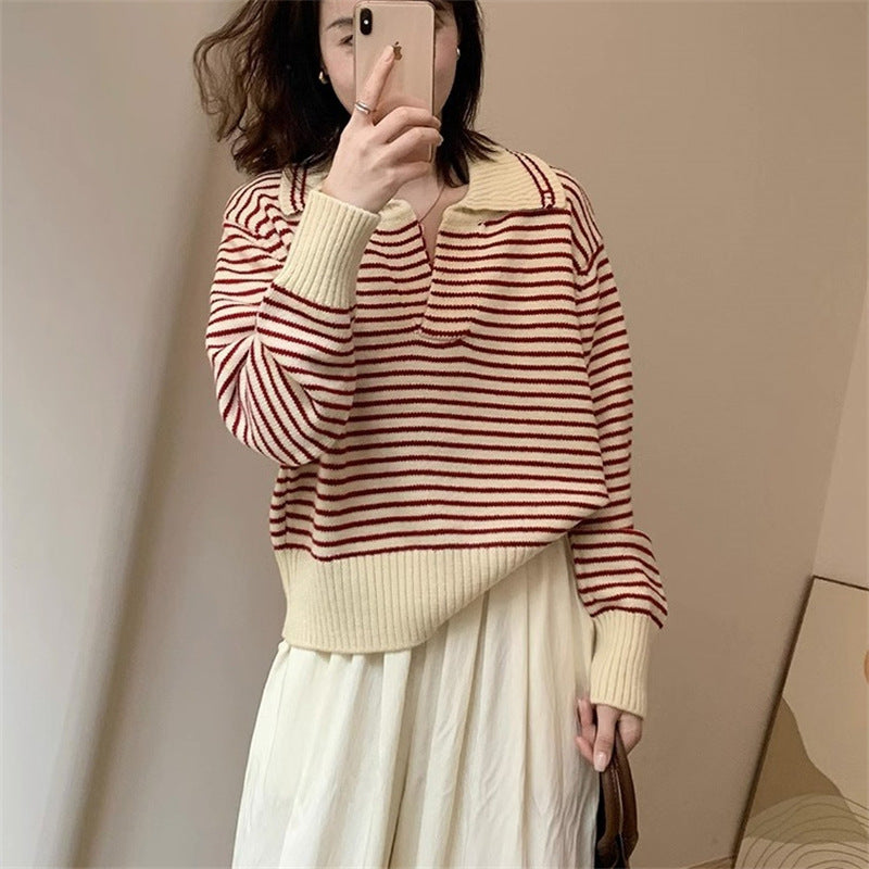 Damen Kuscheliger Strickpullover mit gestreiftem Design und modernem Kragen Drune