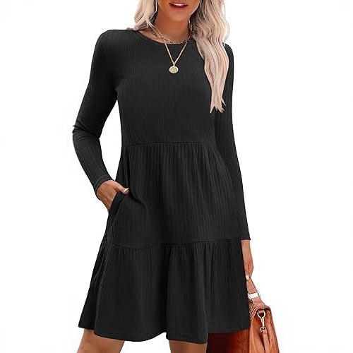 Damen gestricktes Midikleid mit voluminösem Rockteil und feiner Rippenstruktur Drune