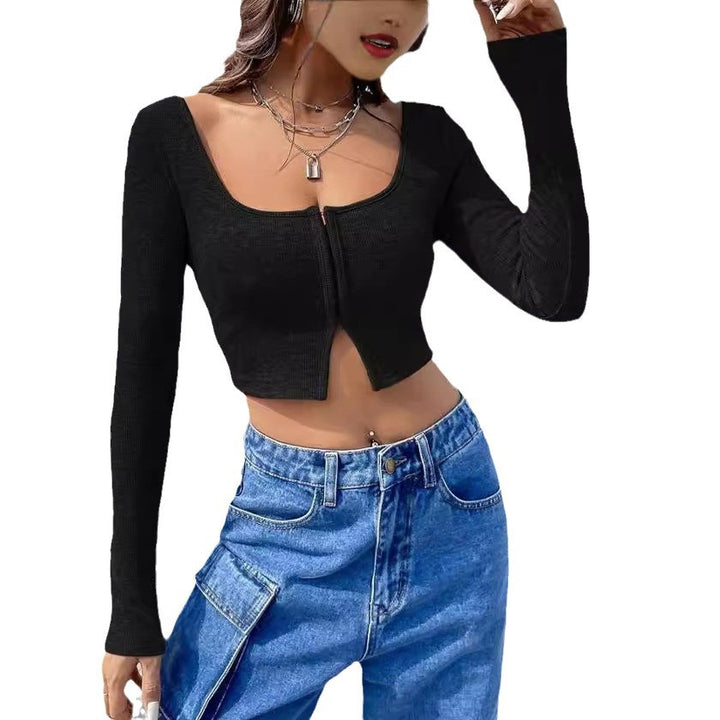 Damen Cropped Oberteil mit Reißverschluss und langem Arm Drune