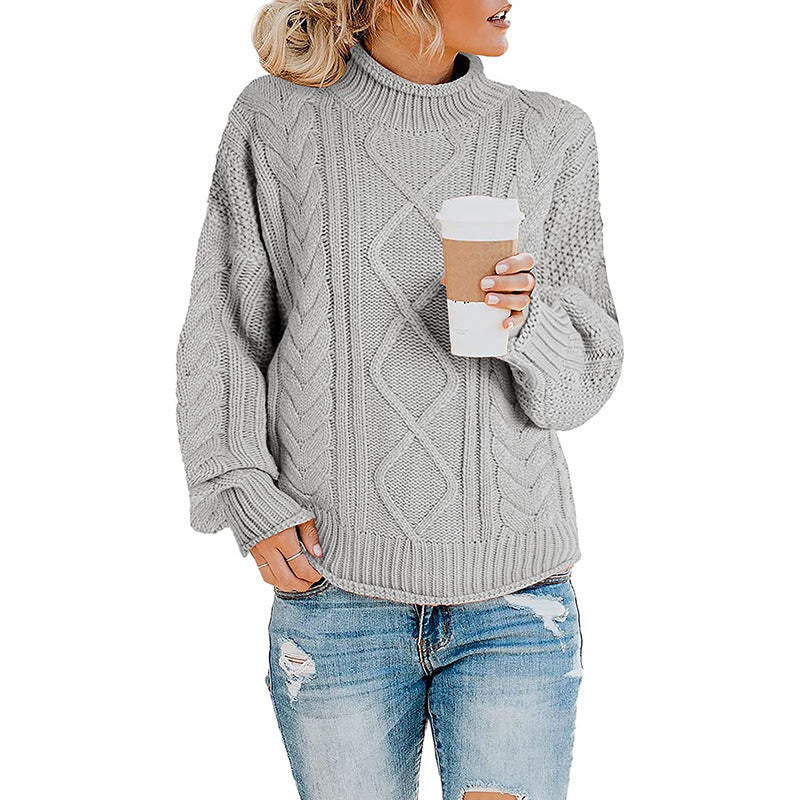 Damen Strickpullover mit hohem Kragen und dekorativem Zopfmuster Drune
