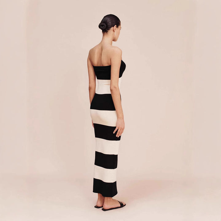 Damen schickes Bandeau-Maxikleid mit grafischem Streifenmuster und figurbetontem Schnitt Drune