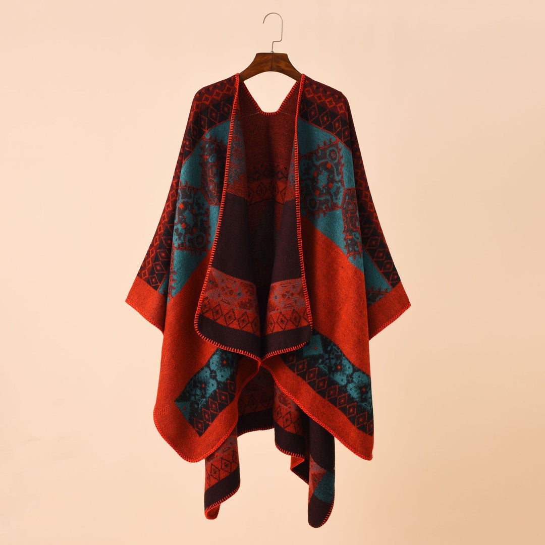 Damen Modischer Poncho mit kunstvollem Muster und fransigen Kanten Drune
